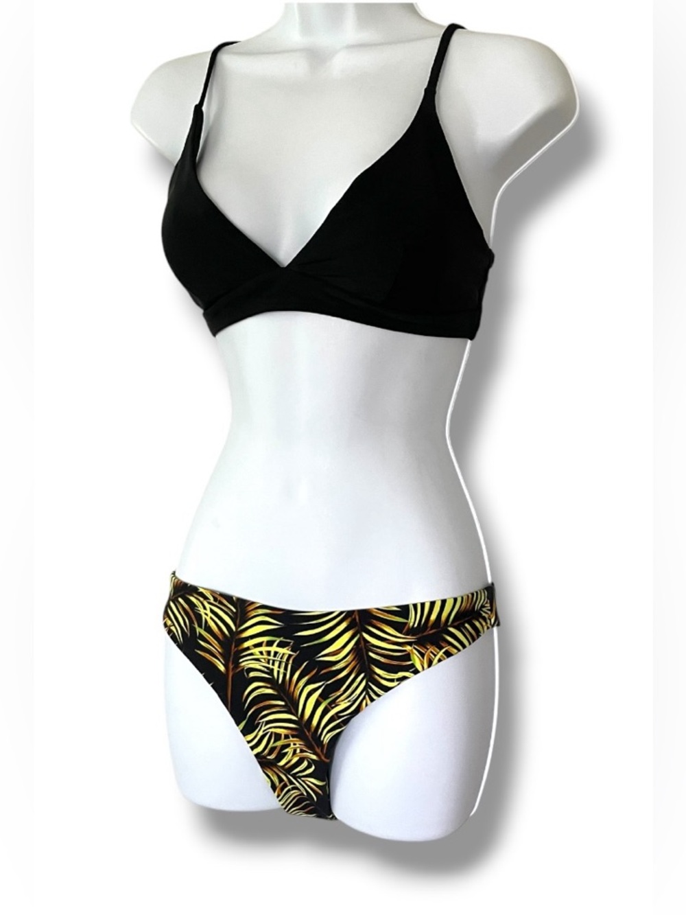Kamoni Black Bikini Set Palm Print Bottoms Strappy Top Women’s Tropical Swimsuit
